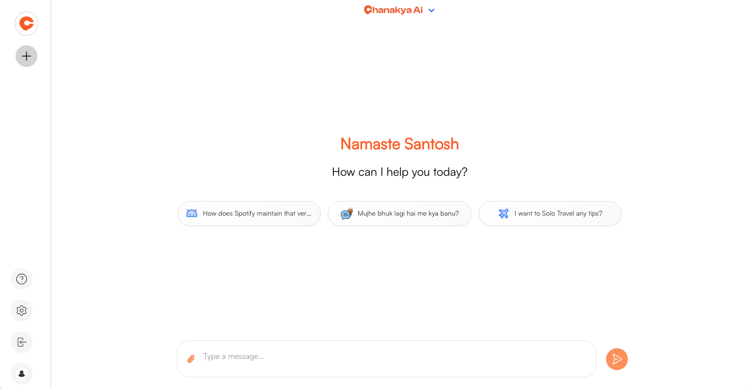 Chanakya AI multilingual chatbot interface screenshot